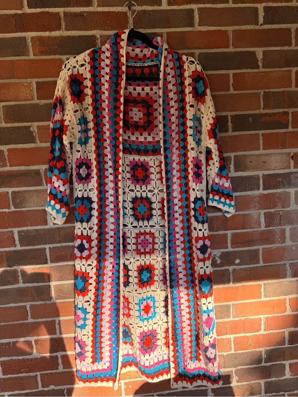 Multicolor Crochet Long Cardigan Sweater - Boho Open Front